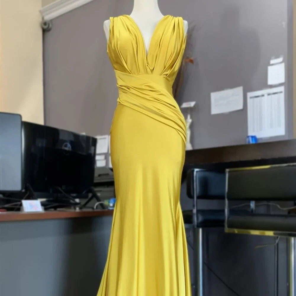 Mustard V-Neck Mermaid Shape WEDDING PARTY PROM LONG  Evening Dress AC370